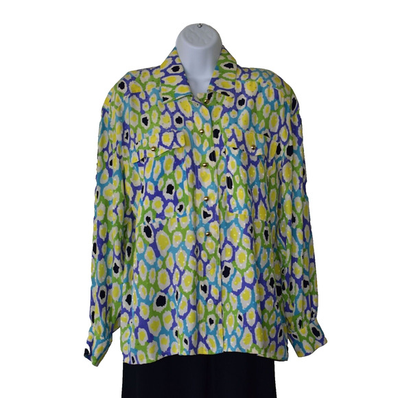 C0 Auth ESCADA BY MARGARETHA LEY Turquoise Lime Yellow Silk Shirt Blouse Size 38 - Picture 1 of 5